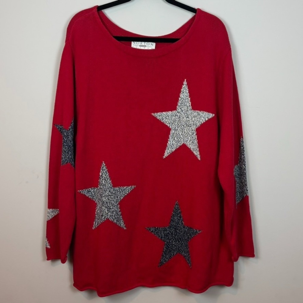 Norton Studio 100% Cotton Red Star Pattern Long Sleeve Knit Sweater‎ Womens 2X